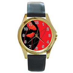 Flower Floral Red Black Sakura Line Round Gold Metal Watch by Mariart