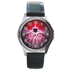 Illuminated Red Hear Red Heart Background With Light Effects Round Metal Watch by Simbadda