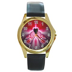 Illuminated Red Hear Red Heart Background With Light Effects Round Gold Metal Watch by Simbadda