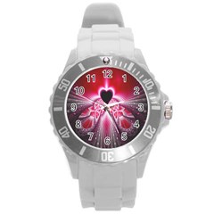 Illuminated Red Hear Red Heart Background With Light Effects Round Plastic Sport Watch (l) by Simbadda