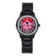 Illuminated Red Hear Red Heart Background With Light Effects Stainless Steel Round Watch by Simbadda