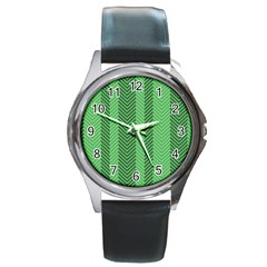 Green Herringbone Pattern Background Wallpaper Round Metal Watch