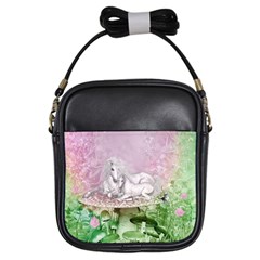 Wonderful Unicorn With Foal On A Mushroom Girls Sling Bags by FantasyWorld7