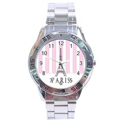 Pink Paris Eiffel Tower Stripes France Stainless Steel Analogue Watch