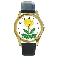 Sunflower Floral Flower Yellow Green Round Gold Metal Watch by Mariart