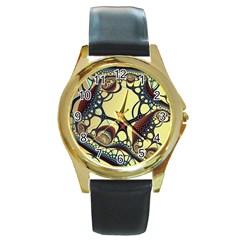 Labels Net Circle Brown Round Gold Metal Watch by Mariart