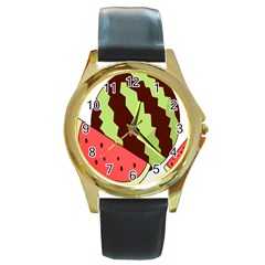 Watermelon Slice Red Green Fruite Circle Round Gold Metal Watch by Mariart