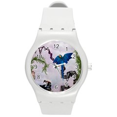 Wonderful Blue Parrot In A Fantasy World Round Plastic Sport Watch (m)