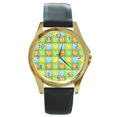 Colorful Happy Easter Theme Pattern Round Gold Metal Watch by dflcprints