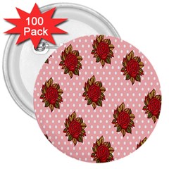 Pink Polka Dot Background With Red Roses 3  Buttons (100 Pack)  by Nexatart