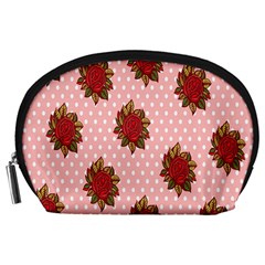 Pink Polka Dot Background With Red Roses Accessory Pouches (large)  by Nexatart