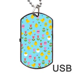 Easter - Chick And Tulips Dog Tag Usb Flash (one Side) by Valentinaart