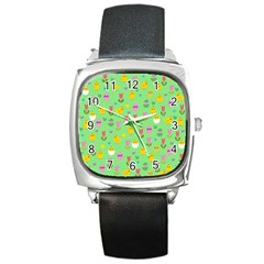 Easter - Chick And Tulips Square Metal Watch by Valentinaart