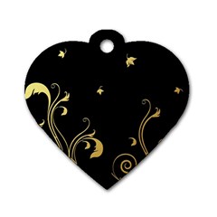 Golden Flowers And Leaves On A Black Background Dog Tag Heart (two Sides) by Nexatart