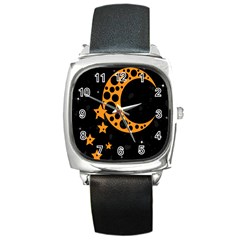 Moon Star Space Orange Black Light Night Circle Polka Square Metal Watch by Mariart