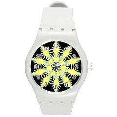 Yellow Snowflake Icon Graphic On Black Background Round Plastic Sport Watch (m) by Nexatart