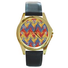 Aztec South American Pattern Zig Zag Round Gold Metal Watch by Nexatart