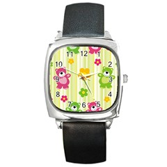 Animals Bear Flower Floral Line Red Green Pink Yellow Sunflower Star Square Metal Watch by Mariart