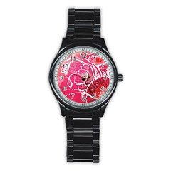 Flower Red Sakura Pink Stainless Steel Round Watch