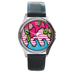 Rose Floral Circle Line Polka Dot Leaf Pink Blue Green Round Metal Watch