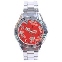 Dandelions Red Butterfly Flower Floral Stainless Steel Analogue Watch by Mariart