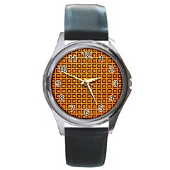 Halloween Squares Plaid Orange Round Metal Watch