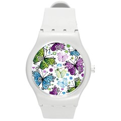 Butterfly Animals Fly Purple Green Blue Polkadot Flower Floral Star Round Plastic Sport Watch (m) by Mariart