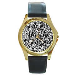 Deskjet Ink Splatter Black Spot Round Gold Metal Watch by Mariart