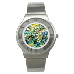 Flower Power Fractal Batik Teal Yellow Blue Salmon Stainless Steel Watch by EDDArt