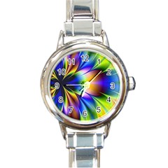 Bright Flower Fractal Star Floral Rainbow Round Italian Charm Watch by Mariart