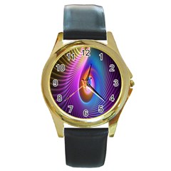 Abstract Fractal Bright Hole Wave Chevron Gold Purple Blue Green Round Gold Metal Watch