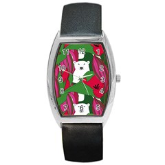 Animals White Bear Flower Floral Red Green Barrel Style Metal Watch