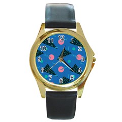 Seamless Triangle Circle Blue Waves Pink Round Gold Metal Watch