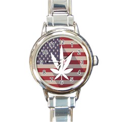 Flag American Star Blue Line White Red Marijuana Leaf Round Italian Charm Watch by Mariart