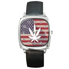 Flag American Star Blue Line White Red Marijuana Leaf Square Metal Watch by Mariart