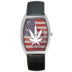 Flag American Star Blue Line White Red Marijuana Leaf Barrel Style Metal Watch by Mariart