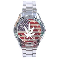 Flag American Star Blue Line White Red Marijuana Leaf Stainless Steel Analogue Watch by Mariart