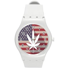 Flag American Star Blue Line White Red Marijuana Leaf Round Plastic Sport Watch (m)