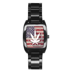 Flag American Star Blue Line White Red Marijuana Leaf Stainless Steel Barrel Watch by Mariart