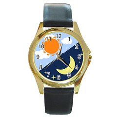 Day Night Moon Stars Cloud Stars Round Gold Metal Watch