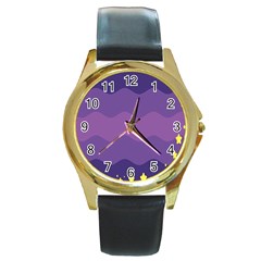 Glimragender Flags Wave Waves Chevron Purple Blue Star Yellow Space Round Gold Metal Watch