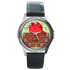 Happy Cat Fire Animals Cute Red Round Metal Watch by Mariart