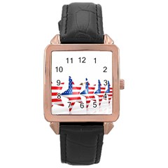 Multiple Us Flag Stars Line Slide Rose Gold Leather Watch 