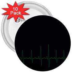 Heart Rate Line Green Black Wave Chevron Waves 3  Buttons (10 Pack)  by Mariart