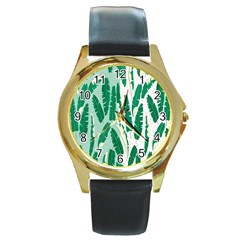 Banana Leaf Green Polka Dots Round Gold Metal Watch