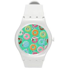 Doughnut Bread Donuts Green Round Plastic Sport Watch (m) by Mariart