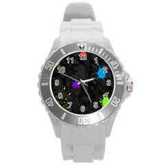 Black Camo Shot Spot Paint Round Plastic Sport Watch (l)