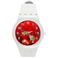 Cute, Playing Kitten With Hearts Round Plastic Sport Watch (m) by FantasyWorld7