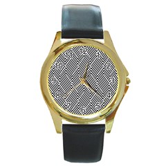 Escher Striped Black And White Plain Vinyl Round Gold Metal Watch by Mariart