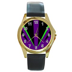 Rays Light Chevron Purple Green Black Line Round Gold Metal Watch